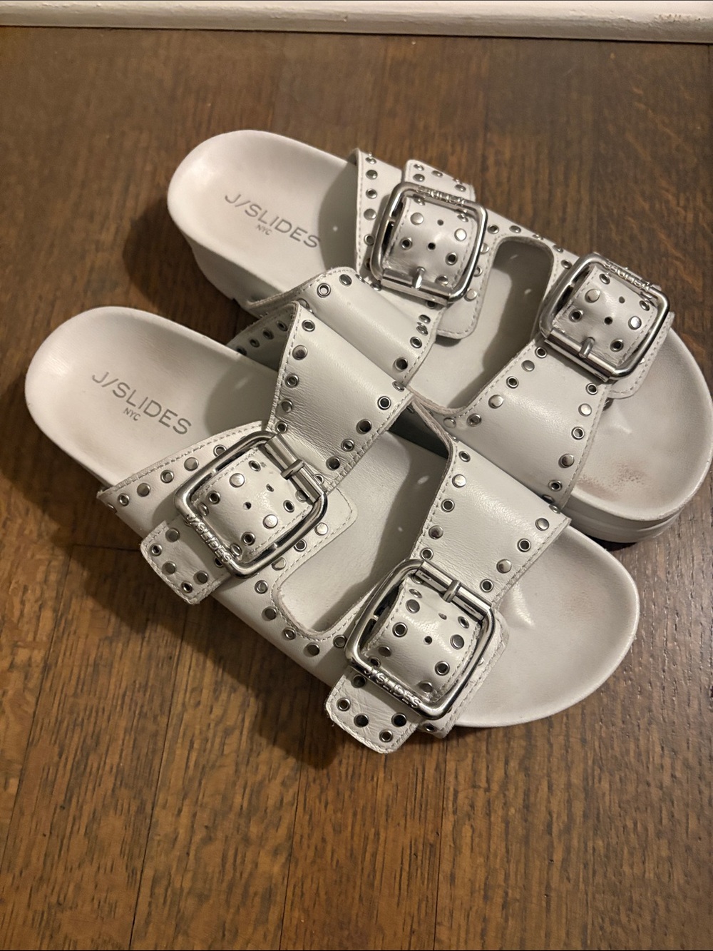 J/SLIDES White Studded Double-Buckle Slide Sandals